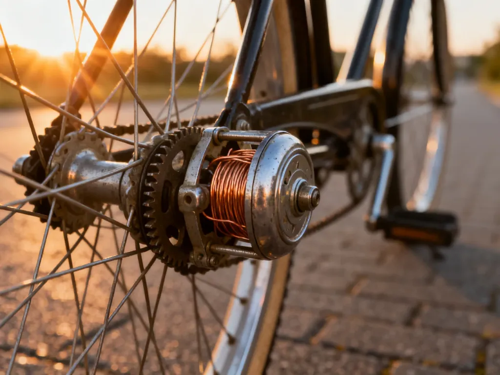 Zbliżenie na zabytkowe dynamo rowerowe zamontowane przy kole, ukazujące detale mechanizmu i miedziane uzwojenie.