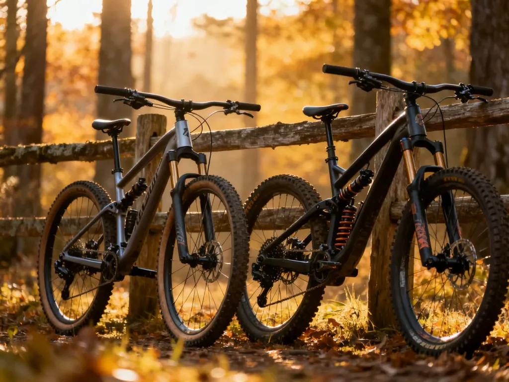 Porównanie lekkiego roweru XC i wytrzymałego roweru trailowego ustawionych obok siebie na leśnej ścieżce.