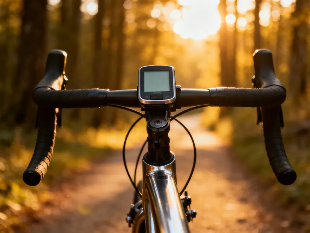 Nowoczesny licznik rowerowy zamontowany na kierownicy roweru na tle słonecznej, leśnej ścieżki.