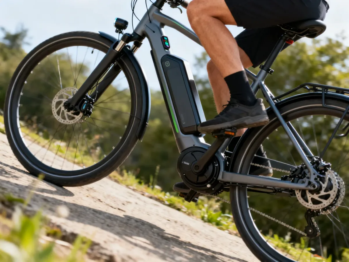 Rowerzysta pedałujący na elektrycznym pedelecu pod górę