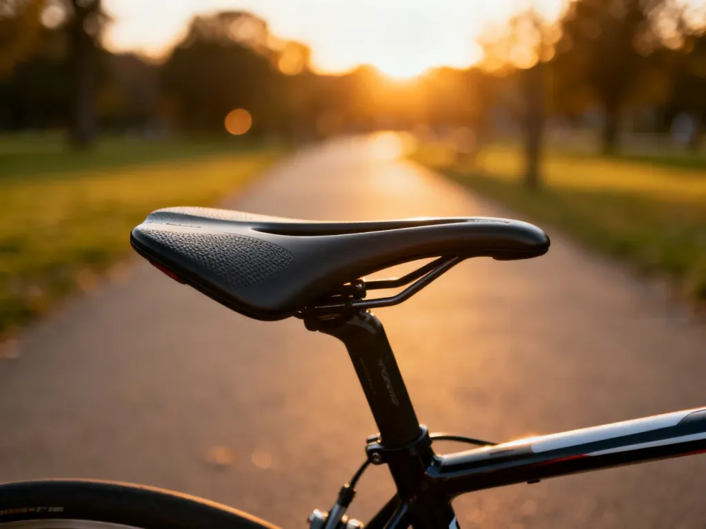 Ergonomiczne siodełko rowerowe o aerodynamicznym kształcie zamontowane na ramie roweru szosowego w świetle zachodzącego słońca.