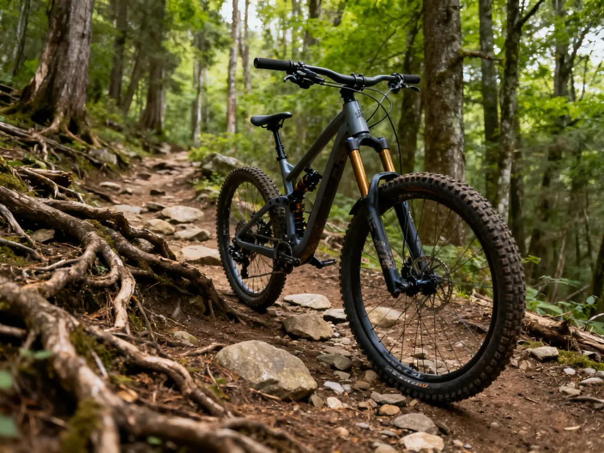 Rower MTB na leśnej, nierównej ścieżce