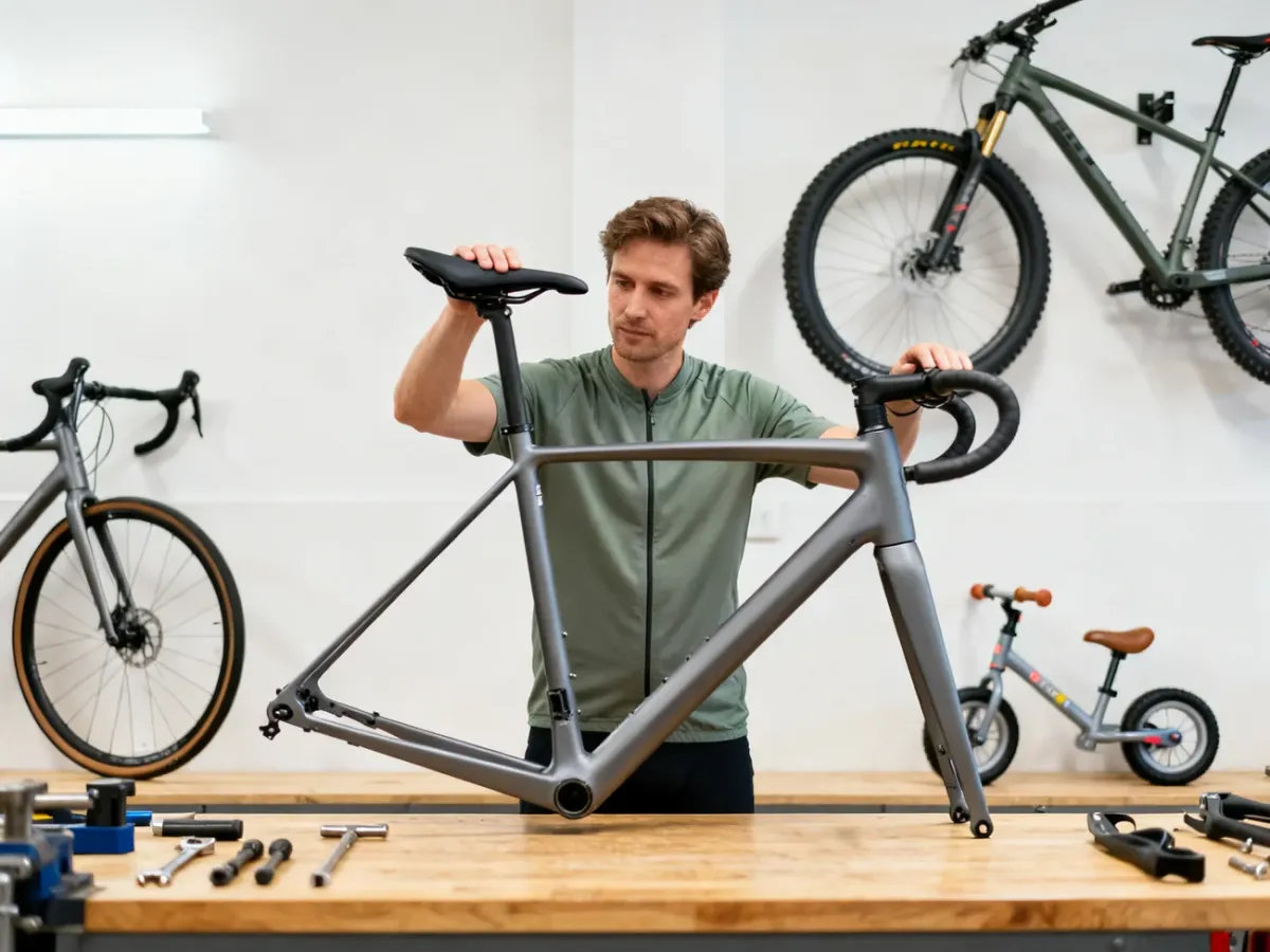 Rowerzysta oceniający dopasowanie ramy i pozycji na rowerze w warsztacie