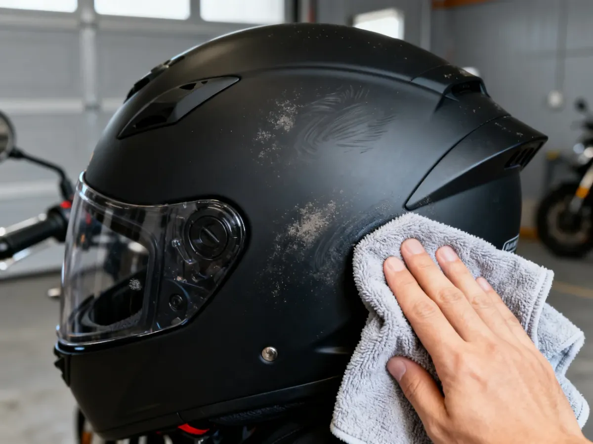 Czyszczenie matowego kasku motocyklowego miękką mikrofibrą