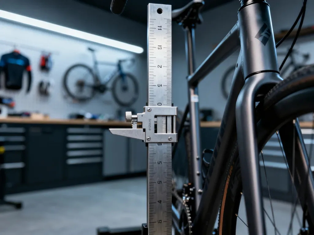 Profesjonalne narzędzie pomiarowe przy ramie roweru, służące do precyzyjnego określenia długości nogi podczas bike fittingu.