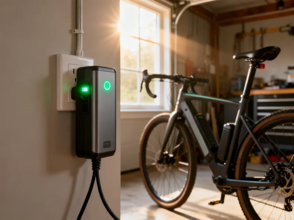 Bateria roweru elektrycznego podłączona do ładowarki z zieloną diodą sygnalizującą pełne naładowanie.