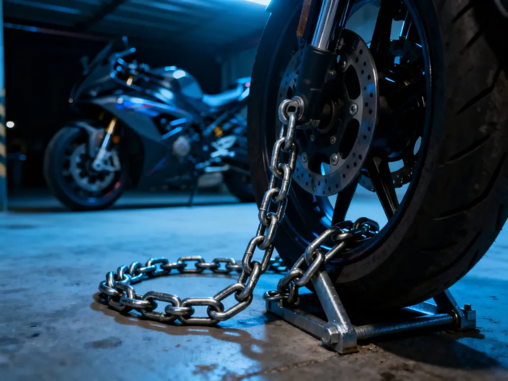 Mocny łańcuch zabezpieczający zapięty na kole motocykla i kotwie podłogowej w garażu.