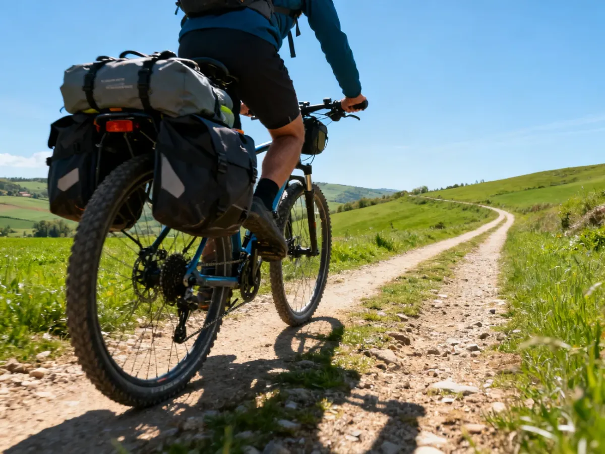 Rowerzysta na obciążonym rowerze trekkingowym podczas dłuższej trasy