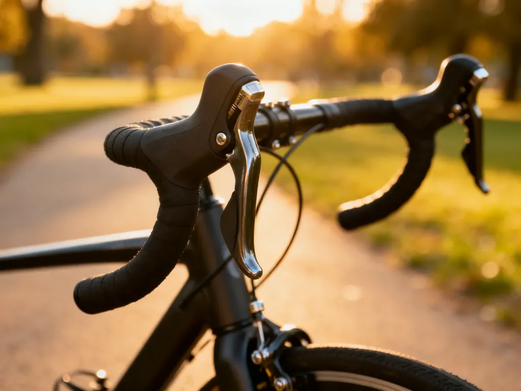 Ergonomiczne rogi rowerowe zamontowane na kierownicy, ukazujące precyzyjny kąt ustawienia śrub regulacyjnych.
