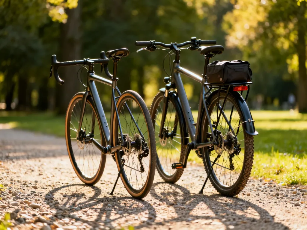 Porównanie roweru crossowego i trekkingowego zaparkowanych na żwirowej ścieżce w słonecznym parku.