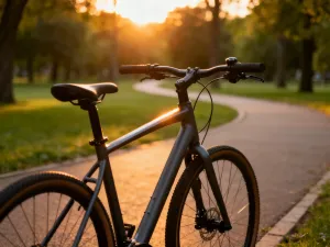Zbliżenie na koło i ramę nowoczesnego roweru górskiego na tle leśnej ścieżki w promieniach słońca.