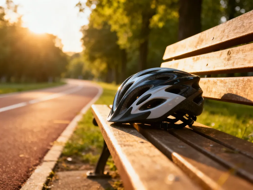 Nowoczesny kask rowerowy spoczywający na drewnianej ławce w parku, z rozmytą ścieżką rowerową w tle.