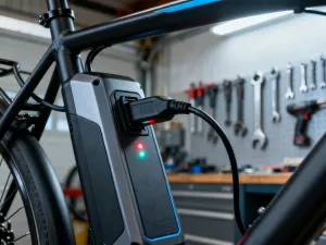 Porównanie silnika elektrycznego zamontowanego w przednim i tylnym kole roweru na tle słonecznej ścieżki rowerowej.