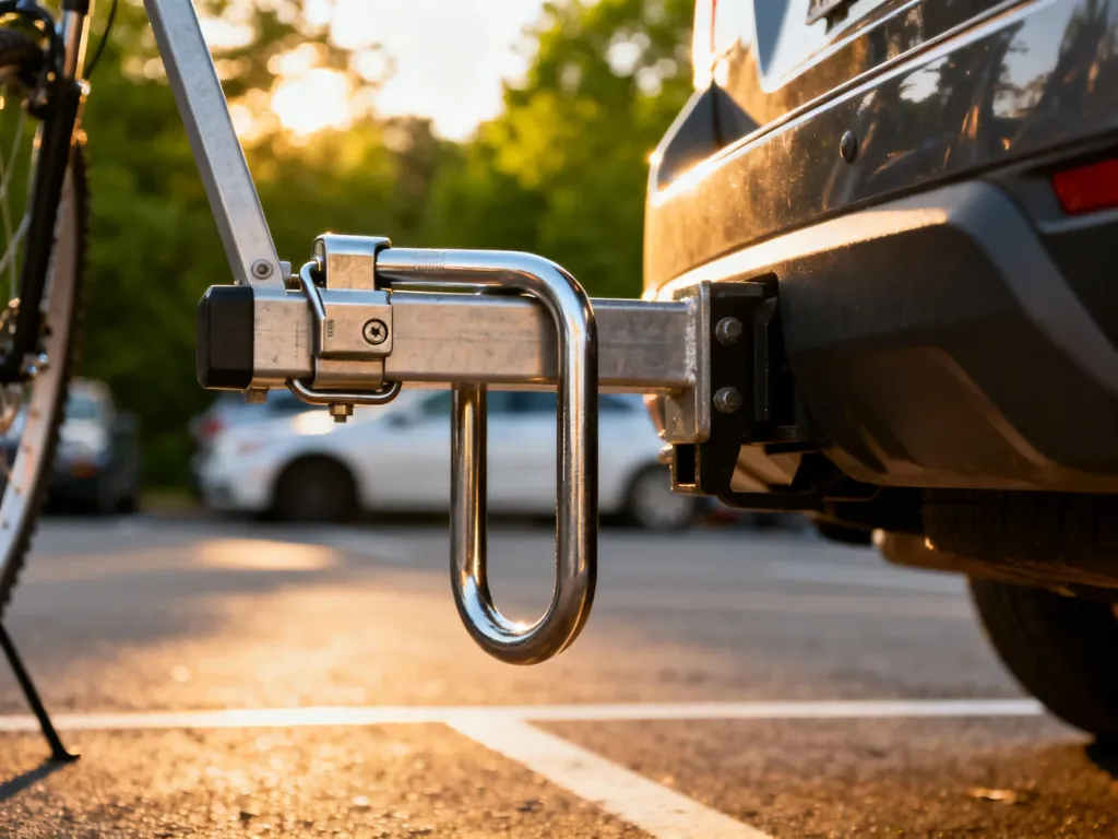 Solidne zapięcie typu U-lock zabezpieczające bagażnik rowerowy zamontowany na haku holowniczym samochodu.