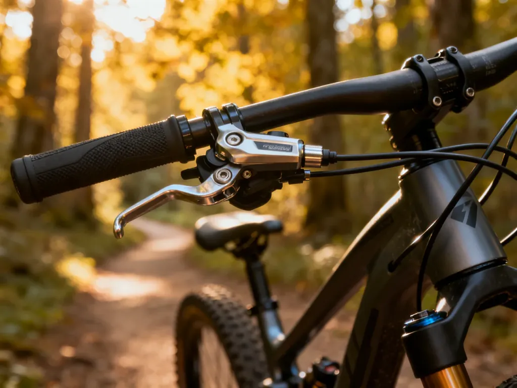 Zbliżenie na nowoczesną manetkę przerzutki rowerowej zamontowaną na kierownicy roweru górskiego na tle leśnej ścieżki.
