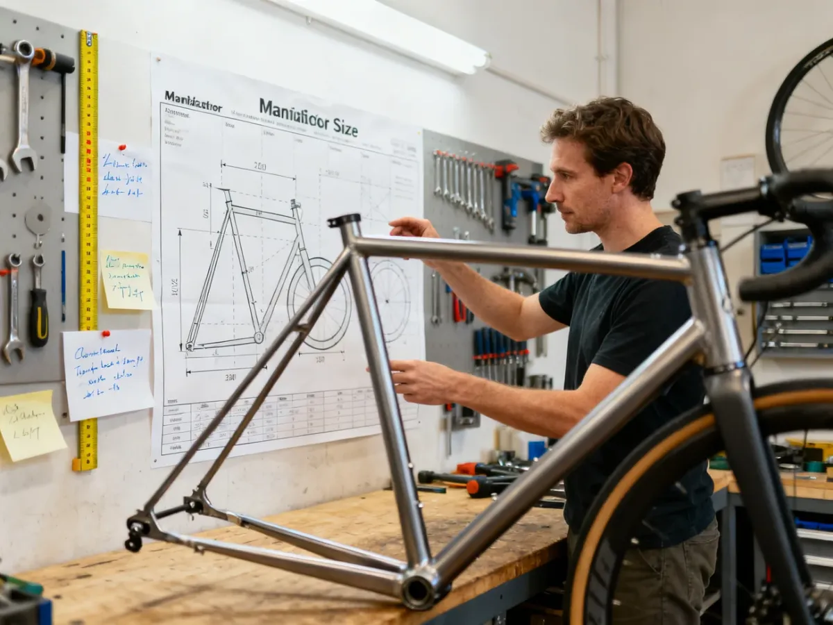 Rowerzysta porównujący rozmiar ramy roweru z tabelą producenta
