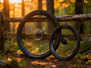 Cyfrowy wyświetlacz sterownika roweru elektrycznego z ikonami poziomów wspomagania na tle górskiej trasy w świetle zachodu.
