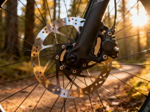 Zbliżenie na precyzyjny mechanizm manetek szosowych na tle asfaltowej drogi w świetle zachodzącego słońca.