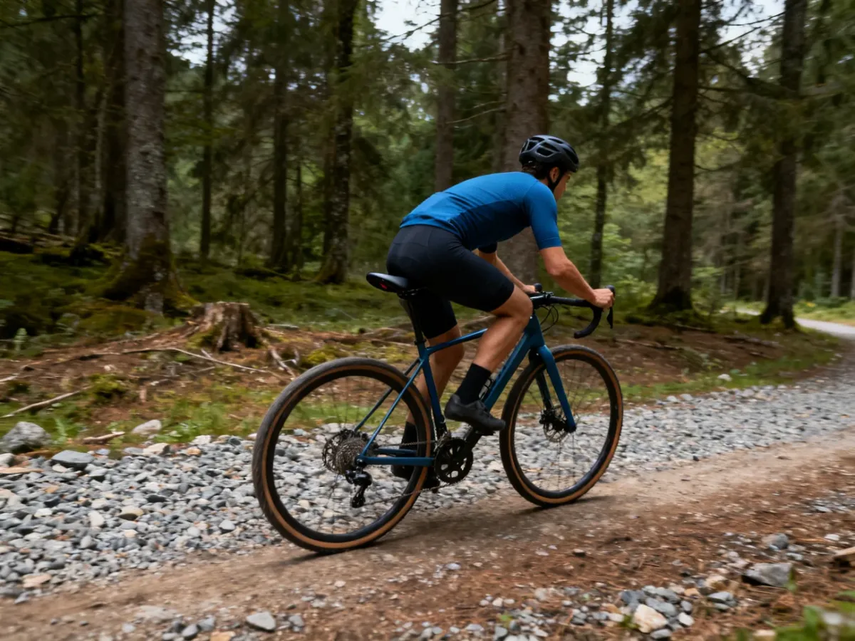 Rowerzysta na trasie gravelowej w umiarkowanie pochylonej pozycji