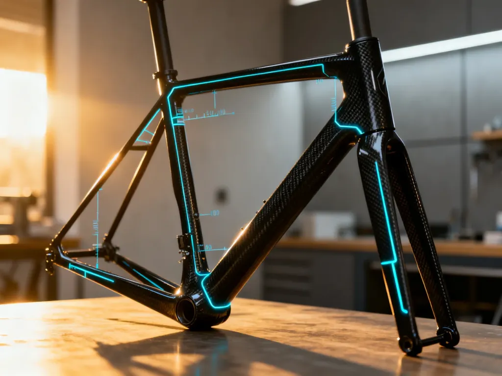 Zbliżenie na karbonową ramę roweru szosowego z naniesionymi liniami technicznymi wskazującymi kąty i wymiary geometrii.