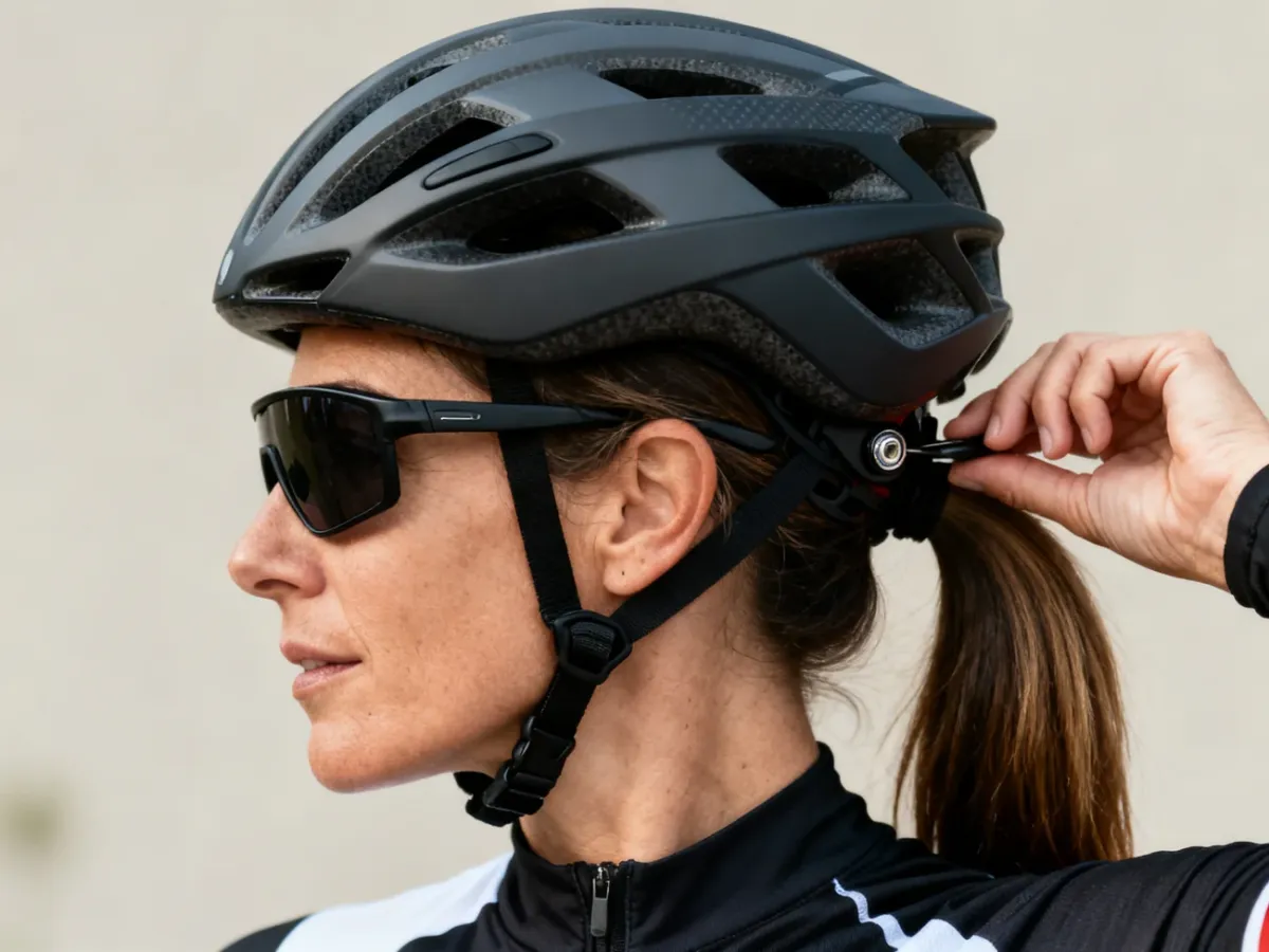 Kobieta dopasowująca kask rowerowy z kucykiem i okularami