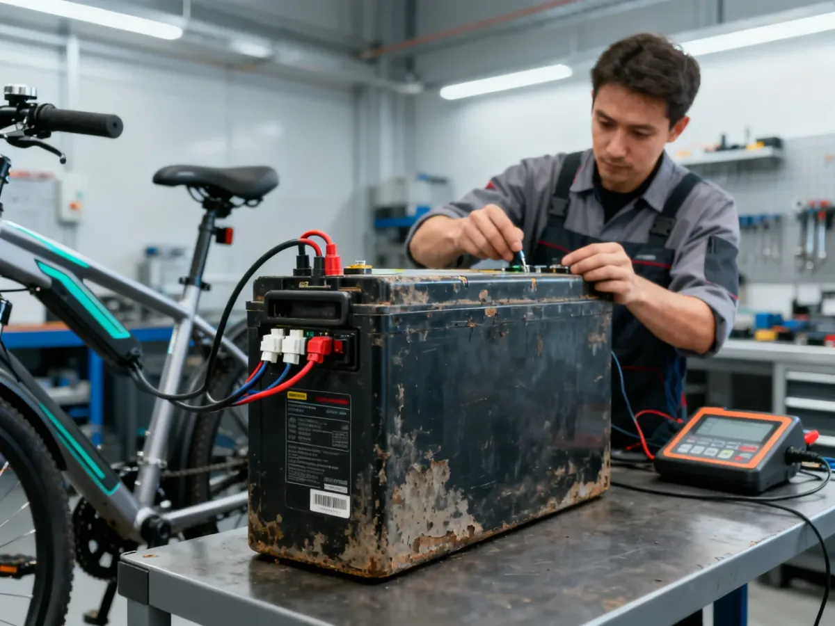 Technik sprawdzający zużytą baterię roweru elektrycznego w serwisie