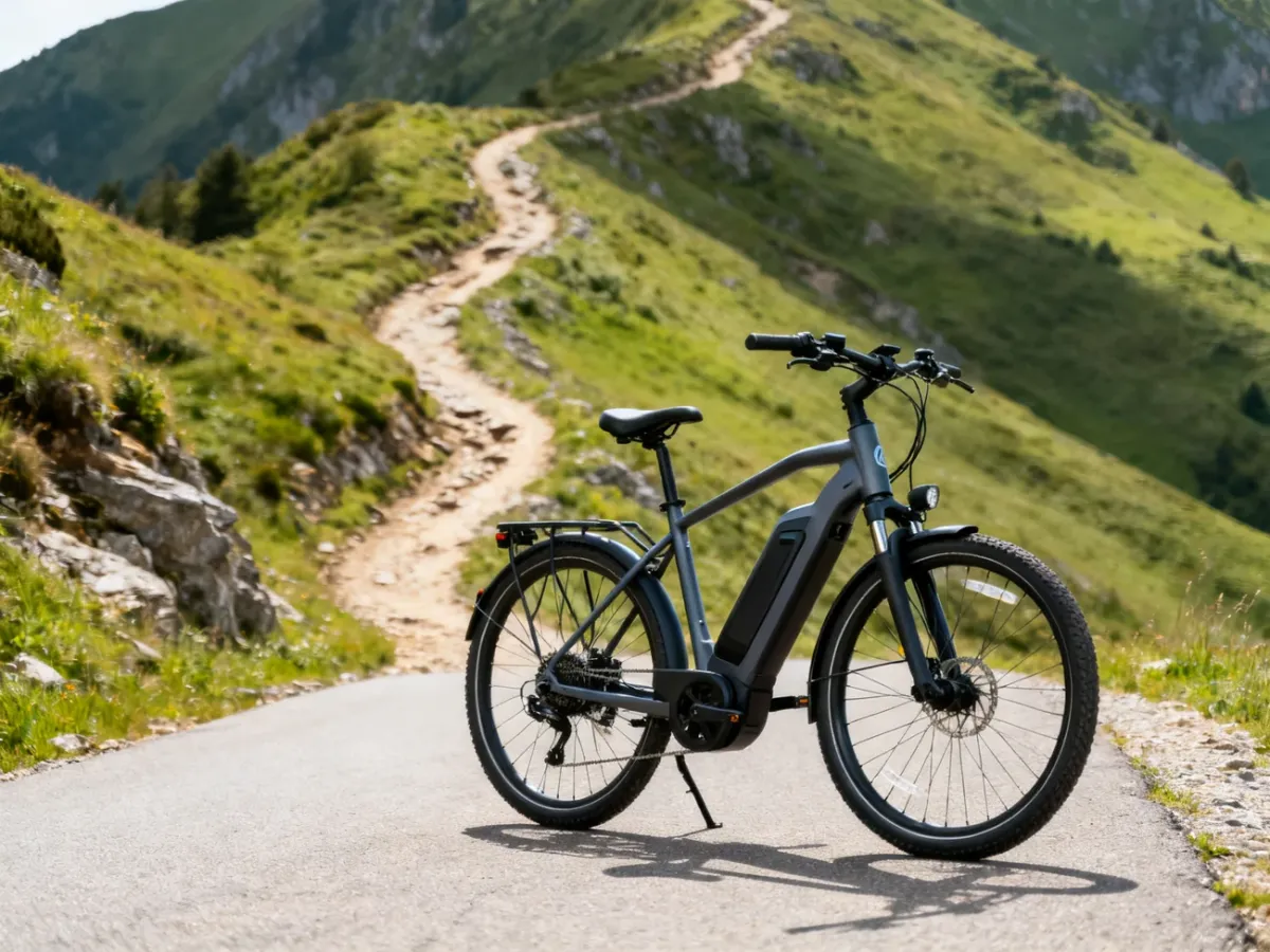 E-bike podczas jazdy próbnej na trasie łączącej asfalt i górski szlak