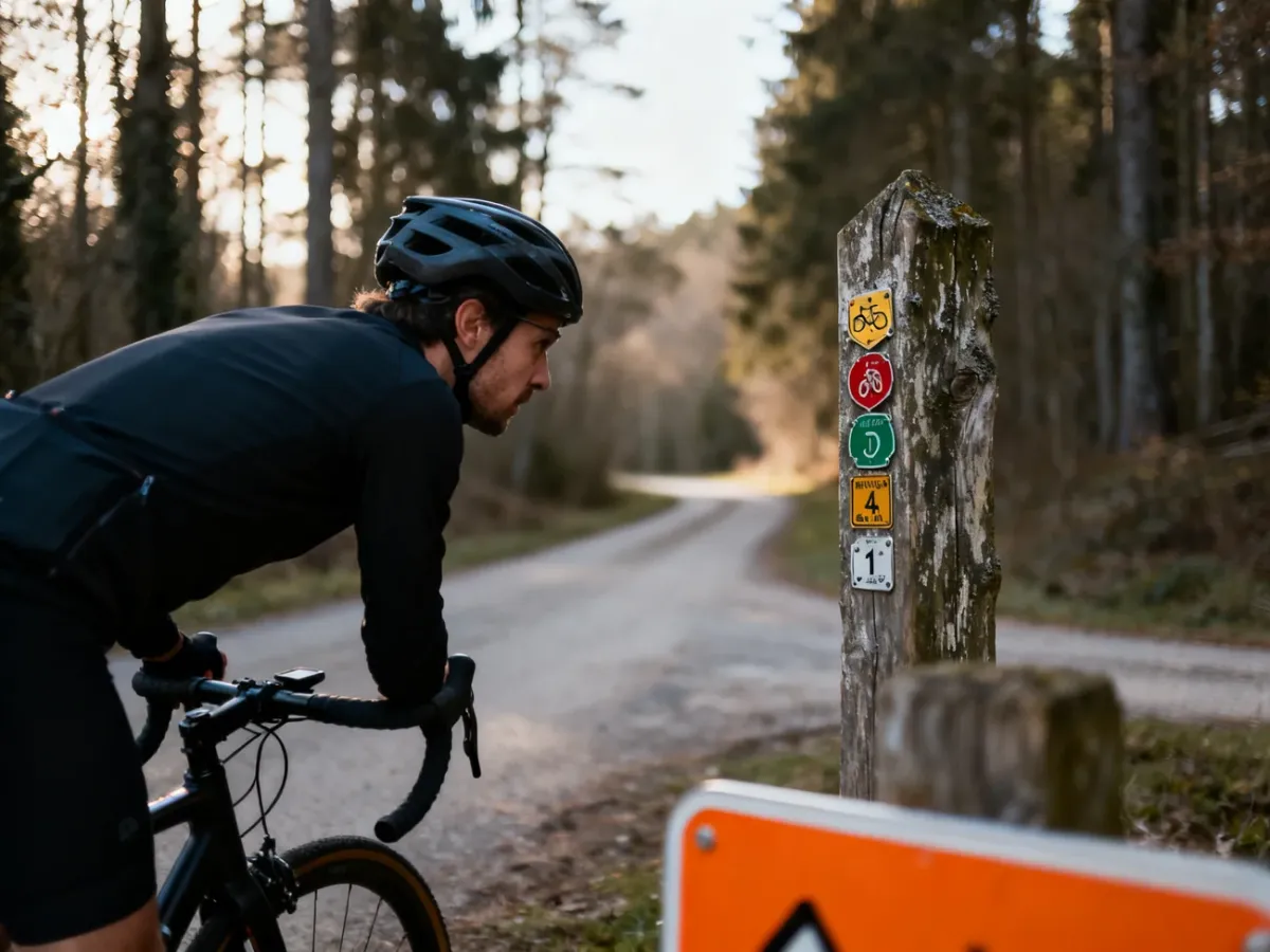 Rowerzysta sprawdza oznakowanie szlaku przy leśnym skrzyżowaniu
