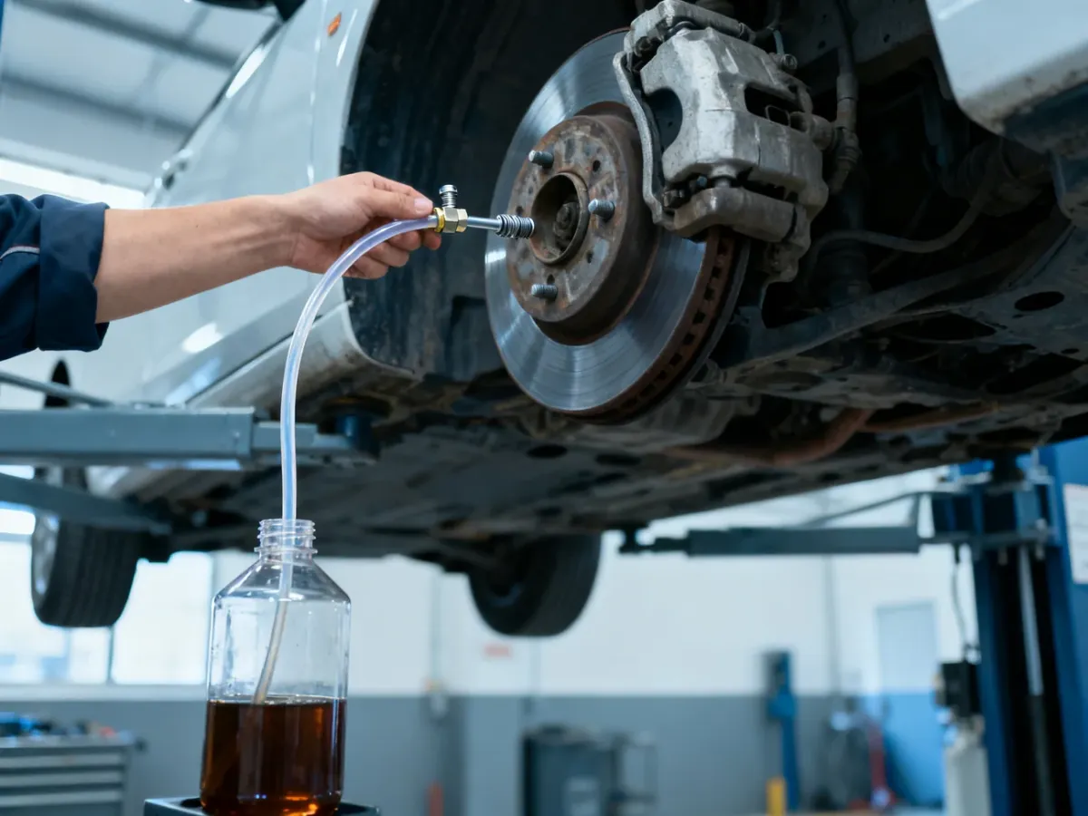 Mechanik odpowietrzający układ hamulcowy samochodu przy użyciu przezroczystego wężyka i butelki