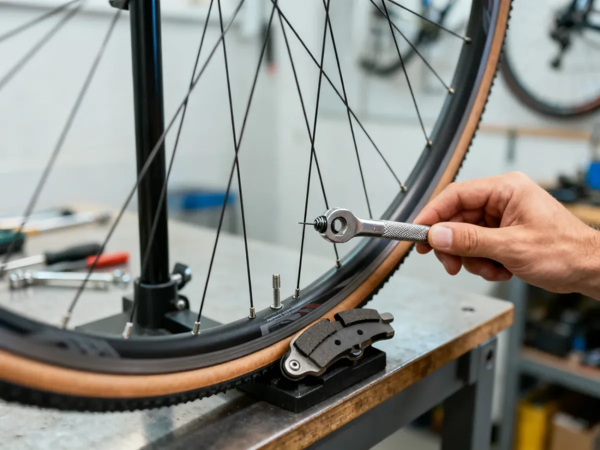 Mechanik precyzyjnie centrujący koło rowerowe przy użyciu klucza do nypli